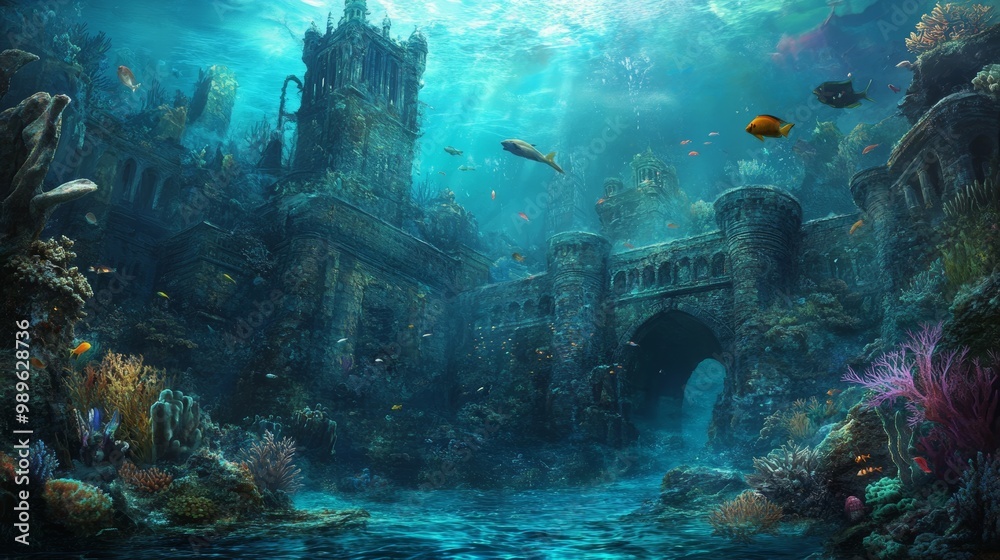 On a sunny day, an underwater city filled with coral, colorful fish, and marine life can be seen beneath azure waters