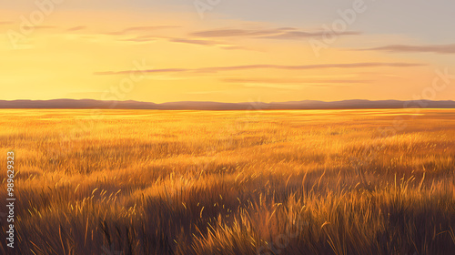 Expansive savannah grasslands at dawn the first light painting the landscape golden, soft light, sunset. Savannah Grasslands. Illustration