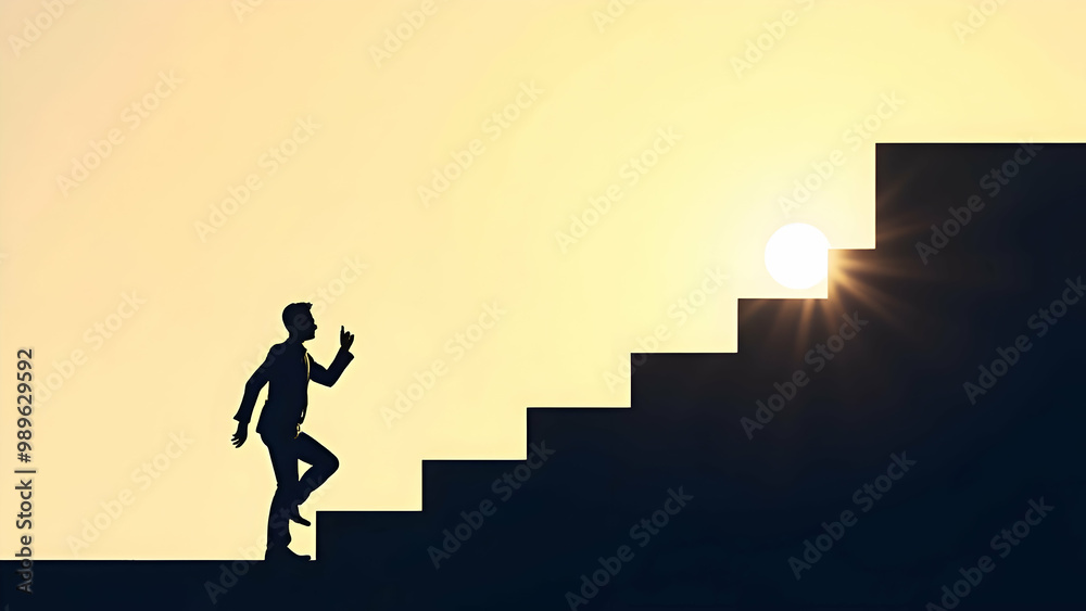 Silhouette of man climbing stairs towards sun, symbol of ambition, success, and perseverance Silhouette of man climbing stairs towards sun, symbol of ambition, success, and perseverance