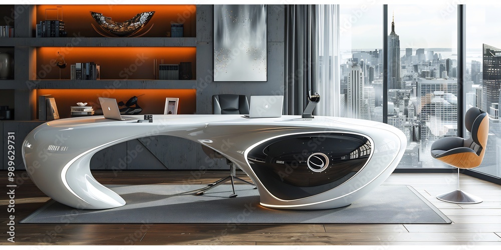 Fototapeta premium Hightech home office a smart desk interactive wall displays and AIpowered work tools integrated into the furniture
