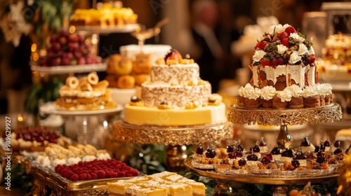 The display of confections and fruits is elegantly presented in a grand setting at an evening gathering