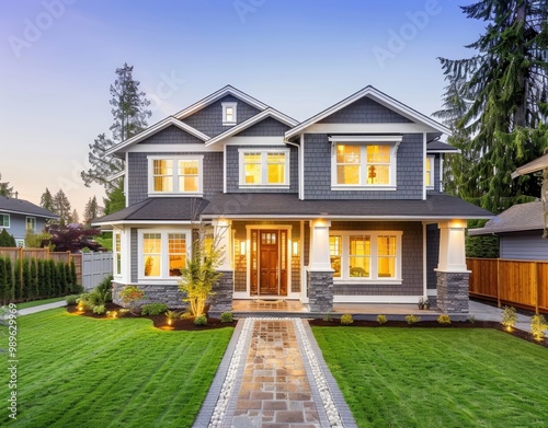 Wallpaper Mural A beautiful home with gray shingle and white trim, front view, green grass lawn in the yard, wooden fence, welcoming open door, bright windows, warm lighting inside the house, detailed architectural Torontodigital.ca