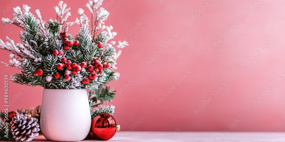 Festive red and white Christmas ornaments on snow-covered branches with pinecones and berries, set against a soft pink background Festive red and white Christmas ornaments on snow-covered branches with pinecones and berries, set against a soft pink background