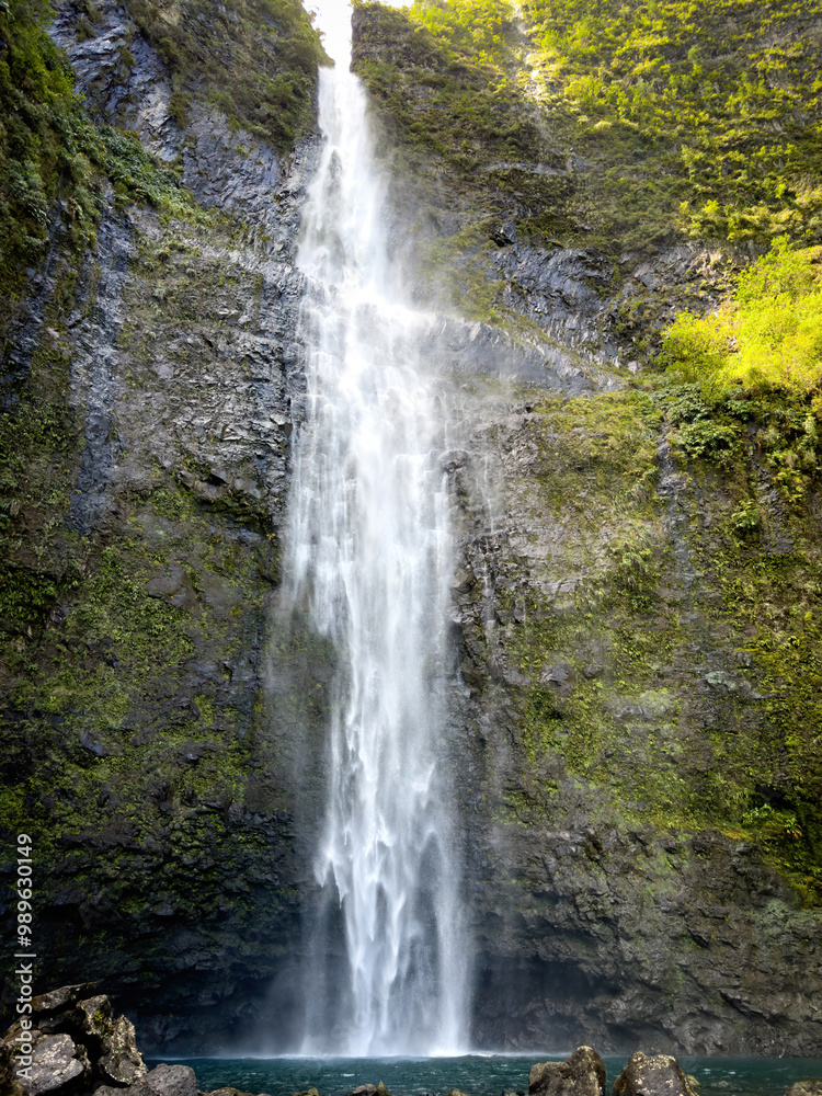 Obraz premium Scenic view of Hanakapiai Falls, a waterfall at the end of Hanakapiai Valley hiking trail, Kauai, Hawaii, USA