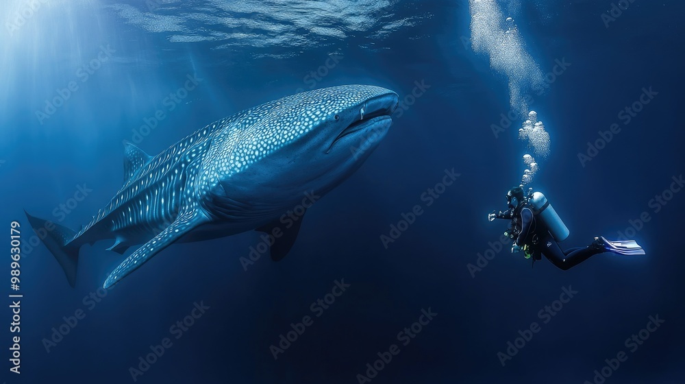 Naklejka premium A dramatic shot of a diver swimming alongside a massive whale shark, highlighting the majesty of these gentle giants in their natural habitat.