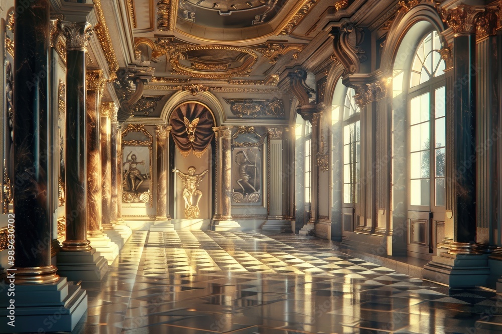 Obraz premium A realistic fantasy interior of the royal palace. golden palace. castle interior. Fiction Backdrop. concept art. generative ai