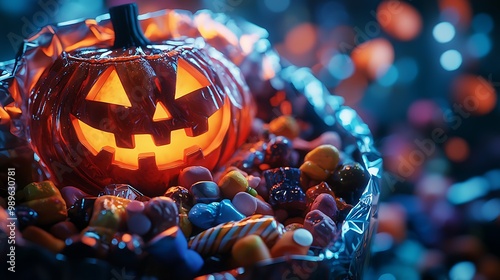 Detailed view of a brimful Halloween candy bag, celebratory spirit. photo