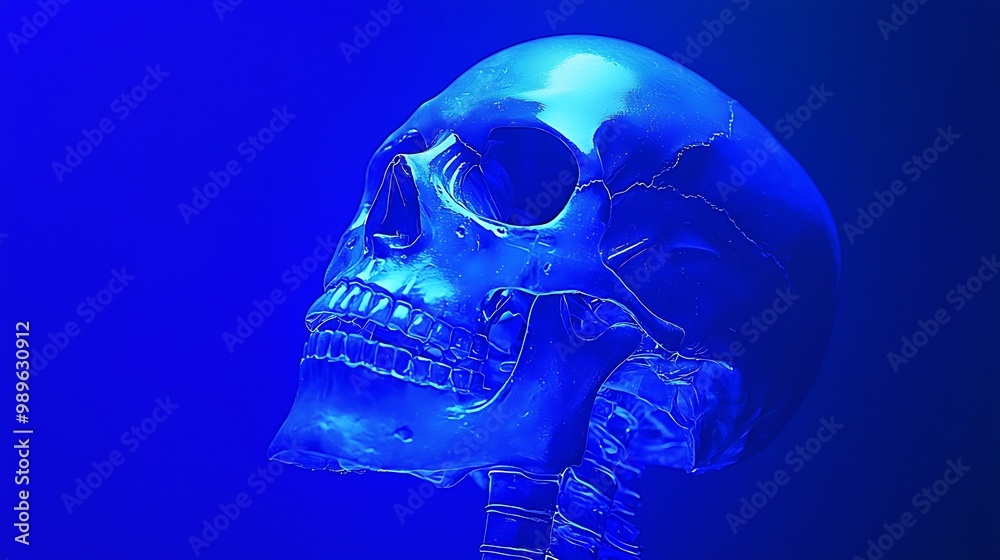 Chilling Halloween effect with a skeleton head illuminated in blue against a blue backdrop. Chilling Halloween effect with a skeleton head illuminated in blue against a blue backdrop.