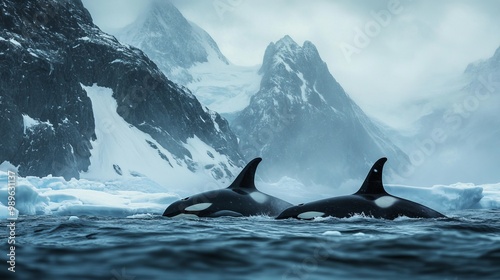 During a chilly Arctic day, four orcas swim in icy water near dramatic mountain landscapes