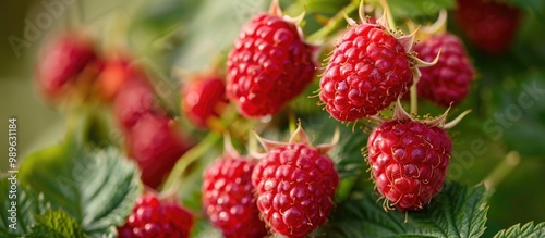 Several Ripe Red Raspberries Growing