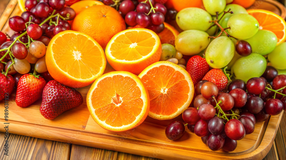 Variety of Fresh Fruits Including Oranges, Grapes, and Strawberries on Wooden Tray, Vibrant and Juicy