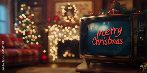 A nostalgic 90s television displays festive cheer with merry christmas in a cozy, decorated living room during the holiday season