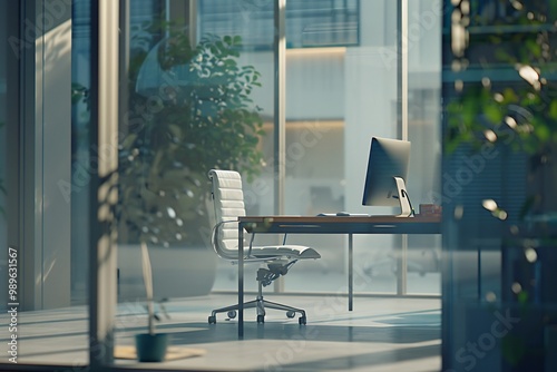 Minimalist office desk shot through semiopaque glass wall creating a soft blurry focus on the clean modern workspace inside photo