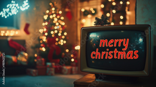 A nostalgic 90s television displays festive cheer with merry christmas in a cozy, decorated living room during the holiday season