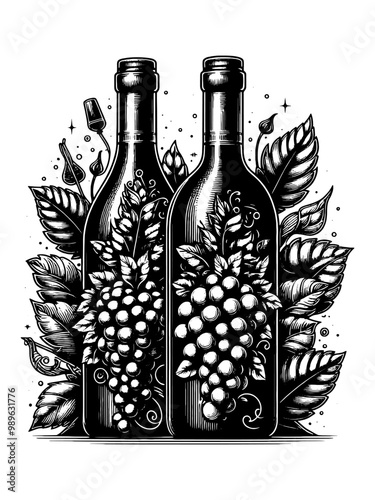 Two wine bottles with grape vine motifs in black and white ink drawing. Vector, generative ai.