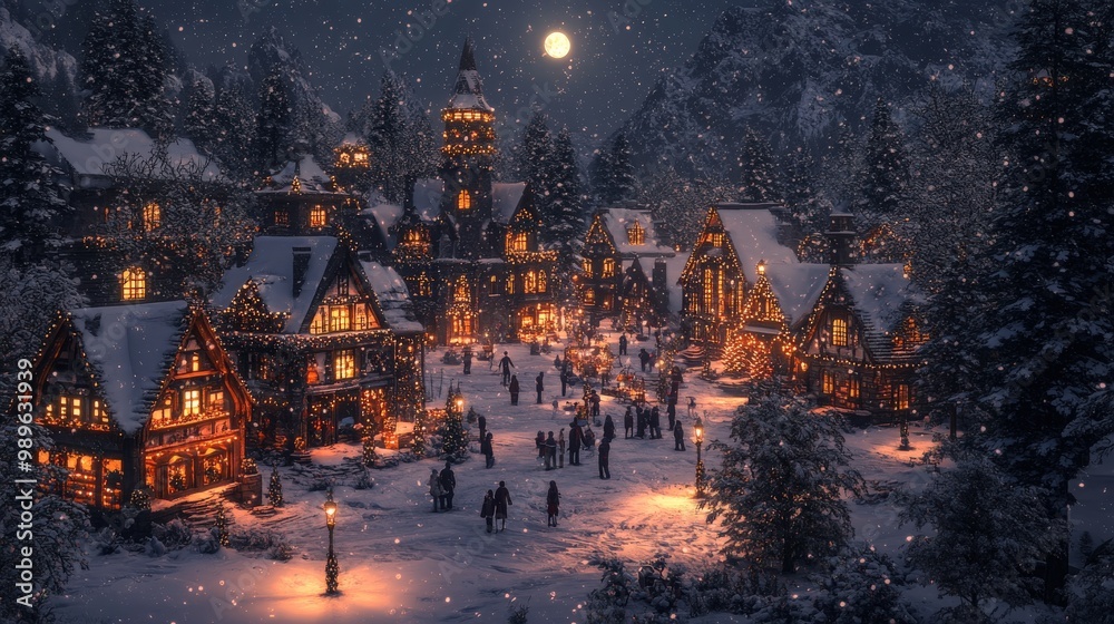 Obraz premium Peaceful snowy Christmas village with glowing cottage lights