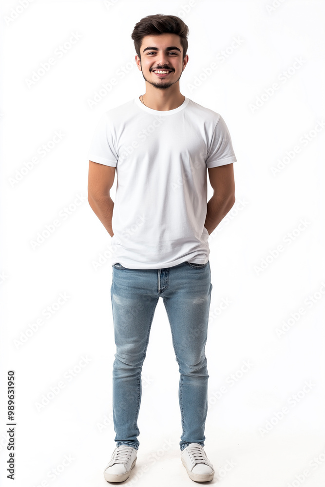 Fototapeta premium Young Turkish man smiling in white t-shirt on white background. Studio photography. Mockup Template