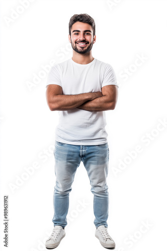 Young Turkish man smiling in white t-shirt on white background. Studio photography. Mockup Template