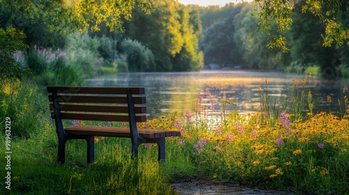 Early morning sunlit park scene with a wooden bench surrounded by flowers and greenery on a riverside