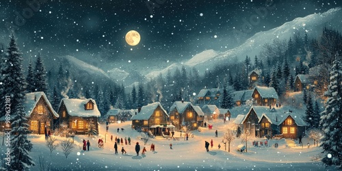 Peaceful snowy Christmas village with glowing cottage lights