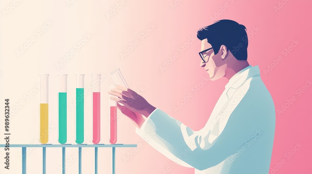 Obraz premium Precision Medicine Research - Scientist Analyzing Test Tubes in Minimalist Design on Pastel Background