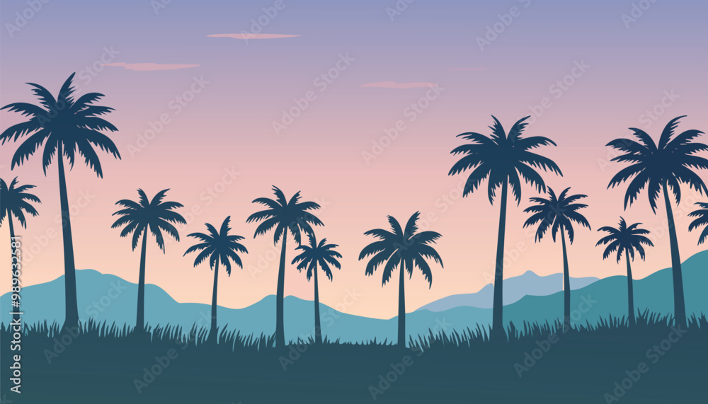 tranquil tropical evening silhouette of palm trees against a soft pastel sky and distant hills, vector illustration tranquil tropical evening silhouette of palm trees against a soft pastel sky and distant hills, vector illustration