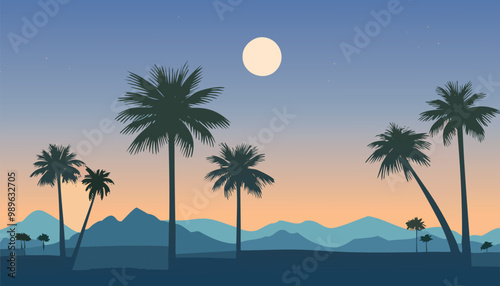 Print Lush palm silhouettes against a dusk sky in joshua tree national park