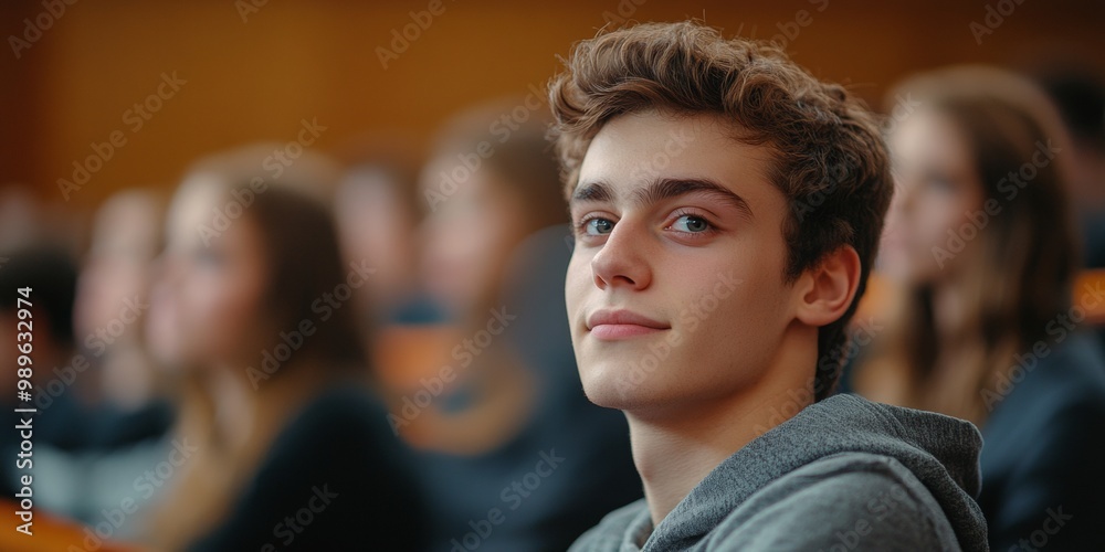 Student engaged in a lecture, focused expression, peers in soft blur, academic environment, learning atmosphere, concentration and curiosity Student engaged in a lecture, focused expression, peers in soft blur, academic environment, learning atmosphere, concentration and curiosity