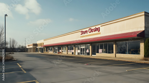 A North American strip mall its parking lot nearly empty with Store Closing signs on most windows.