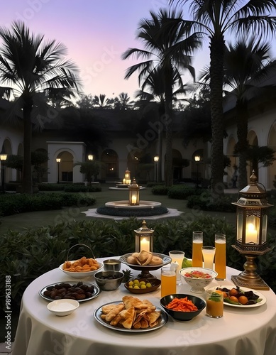 Peaceful Iftar Evenings in ramadan , Ai Genrated Image photo