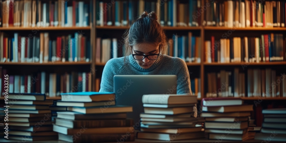 Student immersed in study, surrounded by books and a laptop, soft background creates a focused atmosphere for learning and concentration Student immersed in study, surrounded by books and a laptop, soft background creates a focused atmosphere for learning and concentration