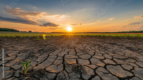 A parched farmland with wilting crops under a burning sun cracked soil visible. photo