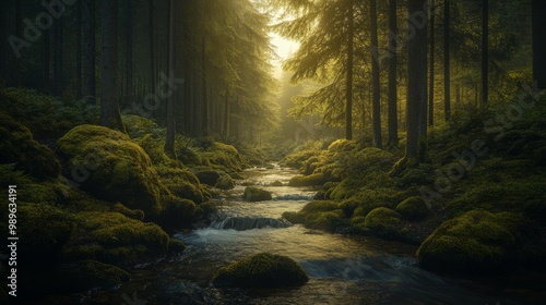 Sunbeams Through Forest Canopy: A Tranquil Stream Scene