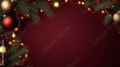 Rich red background with festive ornaments and sparkling lights for an elegant Christmas backdrop