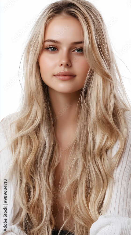 blond girl with long shiny hair on a white background, shampoo advertising