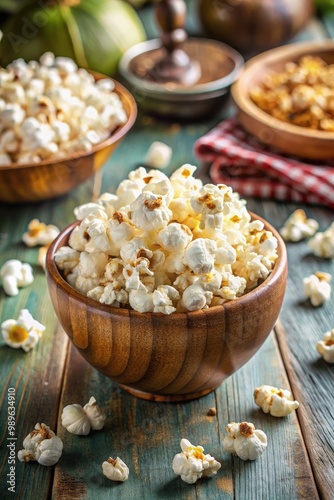 Crunchy coconut oil popcorn prepared in a rustic kitchen setting. Generative AI