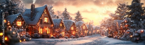 Peaceful snowy Christmas village with glowing cottage lights