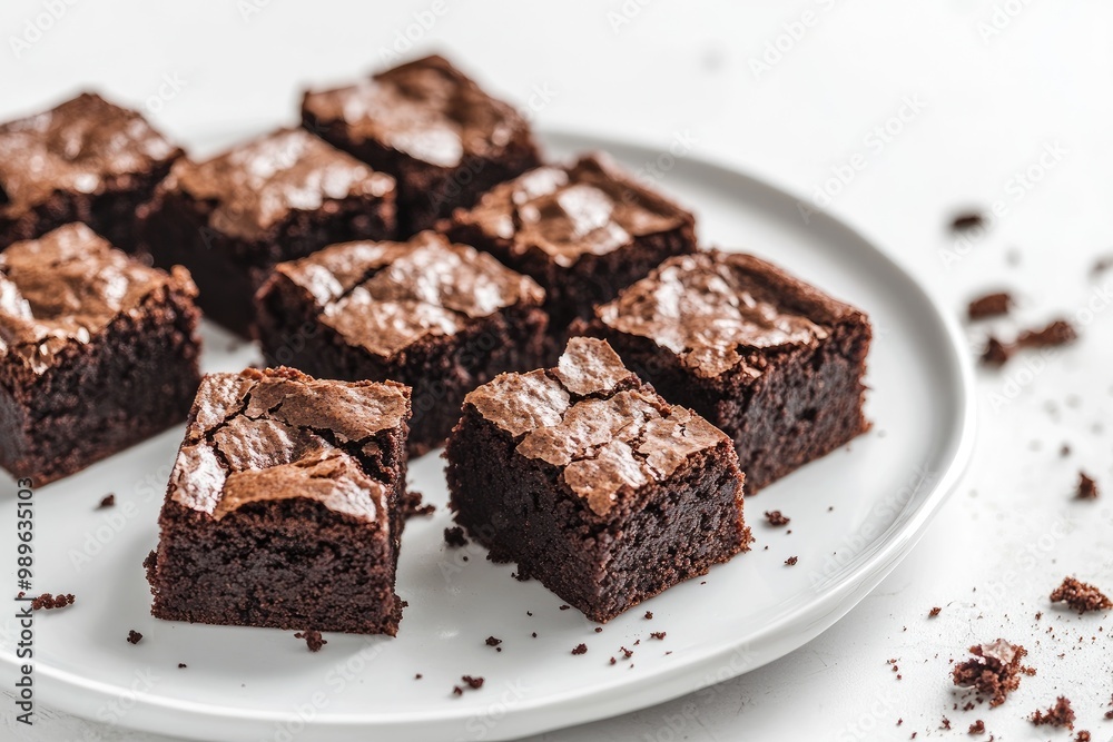 Professional food photography shot of vegan brownies. The brownies are rich and fudgy with a slightly cracked top and moist, gooey center. They are cut into neat square pieces. Professional food photography shot of vegan brownies. The brownies are rich and fudgy with a slightly cracked top and moist, gooey center. They are cut into neat square pieces.