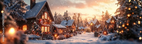 Peaceful snowy Christmas village with glowing cottage lights