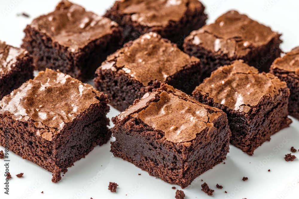 Professional food photography shot of vegan brownies. The brownies are rich and fudgy with a slightly cracked top and moist, gooey center. They are cut into neat square pieces. Professional food photography shot of vegan brownies. The brownies are rich and fudgy with a slightly cracked top and moist, gooey center. They are cut into neat square pieces.