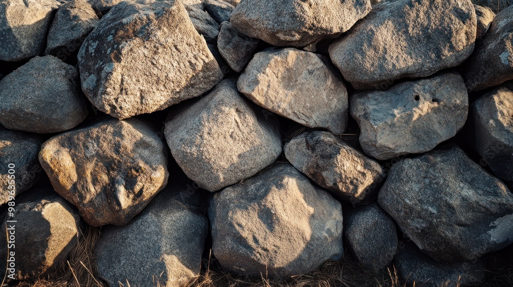 A close-up view of a rustic stone wall made of various sized rocks. A close-up view of a rustic stone wall made of various sized rocks.