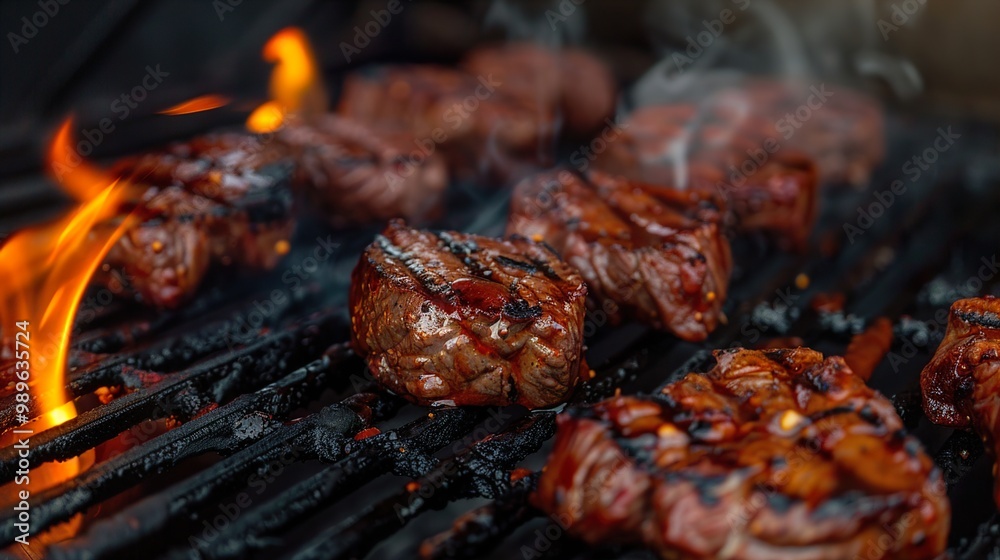 Juicy Grilled Steaks on a Hot BBQ Grill Juicy Grilled Steaks on a Hot BBQ Grill