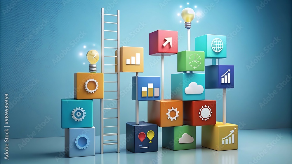 Climbing the Ladder of Creativity A creative design showing blocks arranged like steps with various icons representing innovation, growth, and achievements.