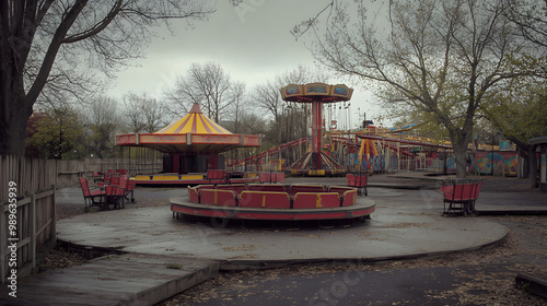 A run-down amusement park in America rides standing still and no visitors in sight. photo