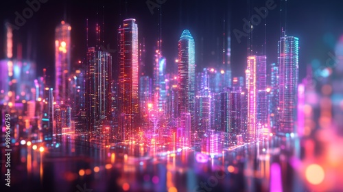 In the nighttime, glowing buildings and interconnected networks create a futuristic digital cityscape