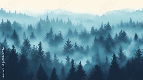 Foggy forest landscape view from above. Foggy Forest. Illustration