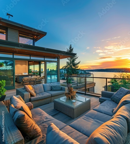 Beautiful home exterior with luxury outdoor patio at sunset in Washington state, USA. Modern deck of comfortable sofas overlooking the city and water view. High angle shot with copy space.