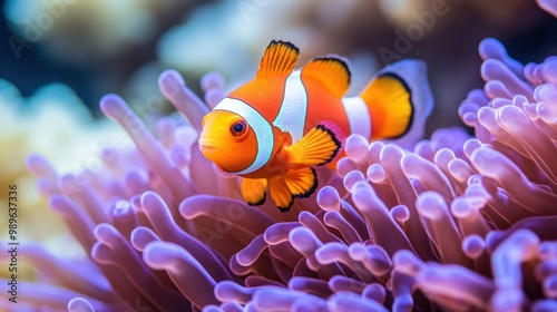 A vibrant clownfish swimming among colorful sea anemones in a coral reef.