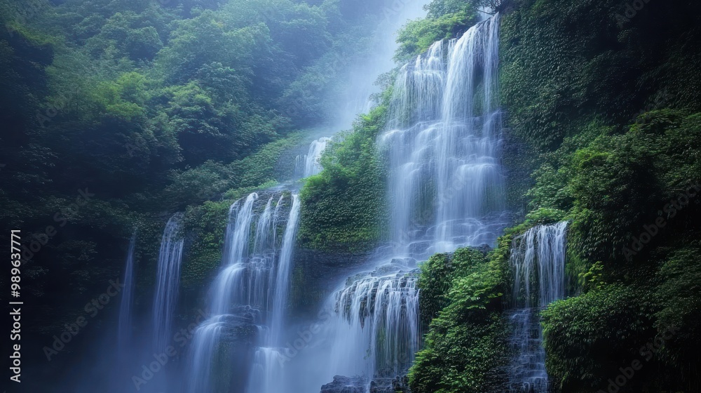 A serene waterfall cascading through lush greenery, creating a tranquil natural scene. A serene waterfall cascading through lush greenery, creating a tranquil natural scene.