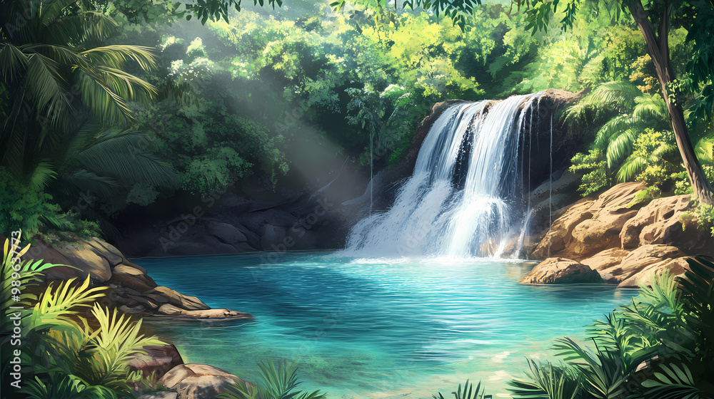 Hidden paradise waterfall cascading into crystalclear turquoise pool surrounded by lush tropical vegetation. Hidden Waterfall. Illustration Hidden paradise waterfall cascading into crystalclear turquoise pool surrounded by lush tropical vegetation. Hidden Waterfall. Illustration